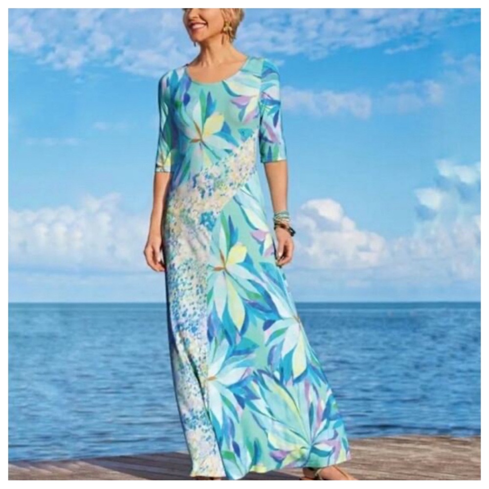 NWT! Soft Surroundings Stella Dress Painterly Blue Jersey Knit